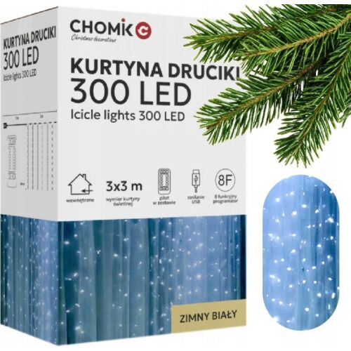 ChomikC 300 LED csillámfüggöny, 3x3 méteres, hideg fehér, távirányítóval és USB tápellátással