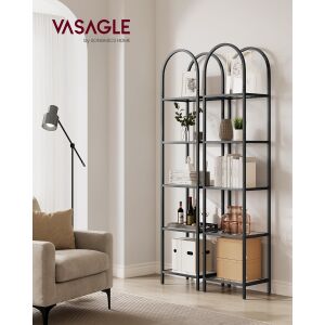 Vasagle 5-stupňový oblúkový regál v obývacej izbe, prezentuje jeho štýlový dizajn a funkčnosť - Knižnice a regály