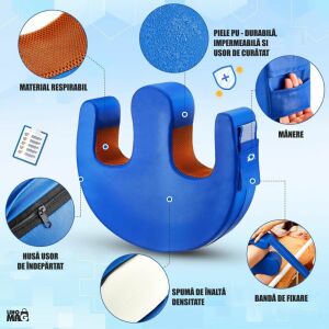 Poduszka Linomag® do obracania leżących pacjentów, 180° rotacja, pasek do mocowania do łóżka, uchwyt, wodoodporna, niebieska - Kolaż cech produktu - Poduszka poprawiająca przyczepność