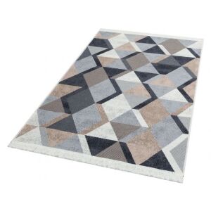 Schräge Ansicht des Bakero Kelim Arya beige und schwarzen Teppichs - Innenarchitektur