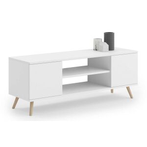 Шкаф RTV FOCUS, бял, скандинавски стил, 155 cm, с рафтове и врати, за съхранение на телевизор и медии - Обзавеждане за всекидневна