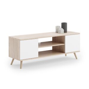 FOCUS RTV Schrank 155 cm Eiche Sonoma/Weiß, skandinavischer TV-Schrank mit 2 Türen und Regalen - Wohnzimmermöbel