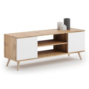 Focus RTV Schrank 135 cm Eiche Gold Craft - Weiß, skandinavischer TV-Schrank mit weißen Türen und Regalen - TV- und Medienaufbewahrungsmöbel