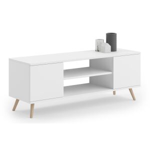 Шкаф RTV Focus 135 cm бял, скандинавски стил TV стойка с две врати и рафтове - Обзавеждане за всекидневна