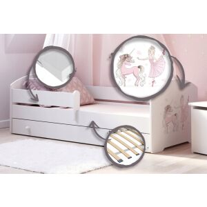 Легло Luk 140x70 с чекмедже, бяло, за деца, с дизайн на еднорог, показващо детайли на леглото, ламелната основа и чекмеджето - Младежко легло и Изпълнител на детска кухня
