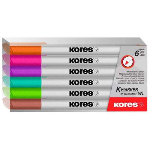 Set de markere pentru tablă și flipchart, 1-3 mm conice, KORES "K-Marker", 6 culori diferite - 6 buc/set