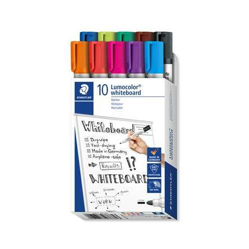 Sada popisovačov na tabuľu, 2 mm, kužeľové, STAEDTLER "Lumocolor® 351", 10 rôznych farieb - 10 ks/sada