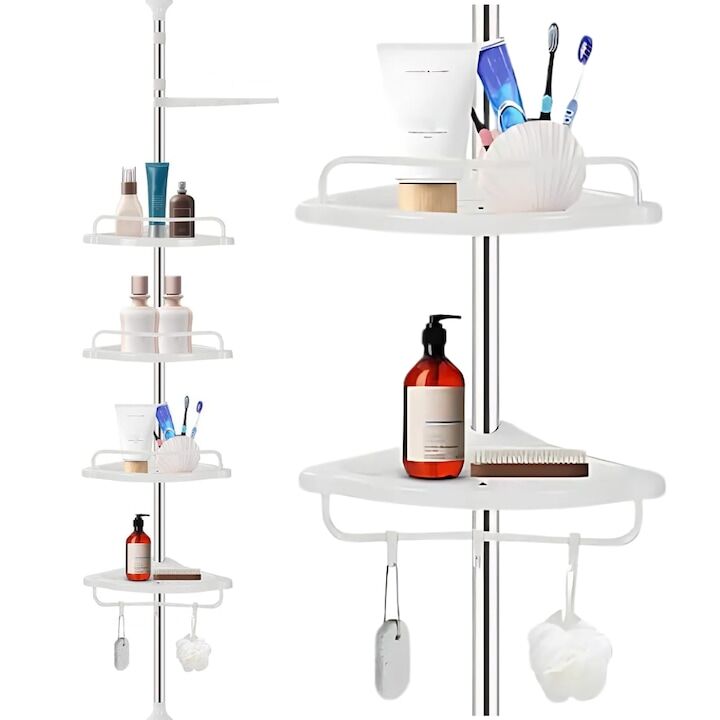 Fürdőszoba sarokpolc S DEPOT®, 4 szint, 3 horog, törölközőtartó, állítható 100-320 cm, fehér