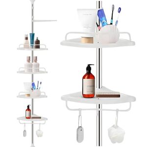 Fürdőszoba sarokpolc S DEPOT®, 4 szint, 3 horog, törölközőtartó, állítható 100-320 cm, fehér