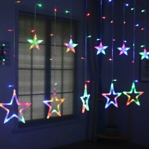Karácsonyi Fényfüzér, S DEPOT®, világos függöny típusú, 12 csillaggal, tarka