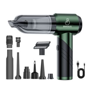 Összecsukható mini porszívó, Bragus, otthonra vagy autóba, vezeték nélküli, erős szívóerő, fújó funkció, 9 tartozék, 3 sebesség, 4 üzemmód, 15000Pa, 100W motor, 6000mAh akkumulátor, 3 szűrő,