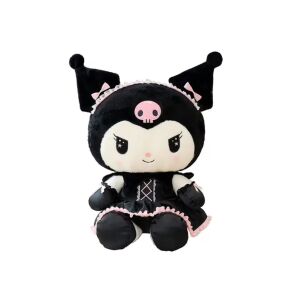 Jucărie de pluș Kuromi din seria Hello Kitty Sanrio, așezată, cu craniu roz și detalii alb-negru - ABYZ