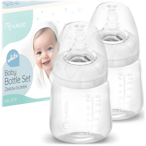 Nukido White Baby Bottle Set 2x180ml, BPA-free polypropylene bottles with dynamic soother