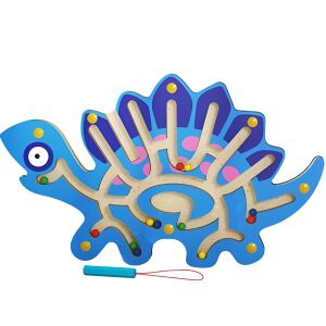 Montessori játék labdákkal, flippy, mágneses ceruza, labirintus típusú, fa, Stegosaurus modell, 25x15,5 cm, kék