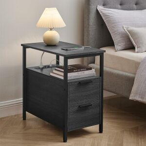 <product_name> nočný stolík s elektrickou zásuvkou a USB portami, 2 zásuvkami, otvorenou poličkou a držiakom na časopisy, antracit, v spálni - Nočné stolíky