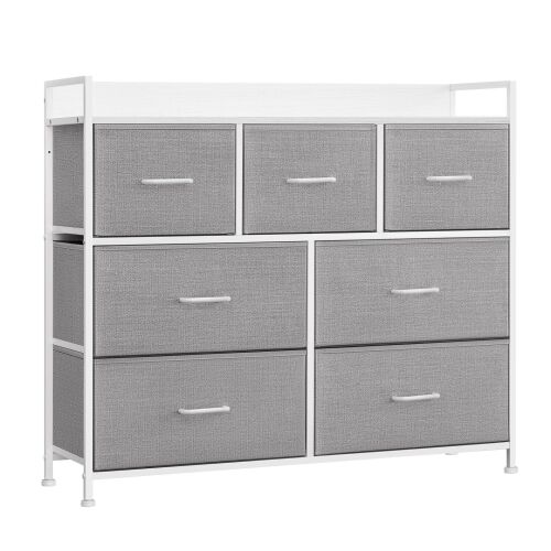 Komód 7 Szövet Fiókkal, 28.5 x 98 x 85 cm, szürke-fehér, fehér fém váz és szürke szövet fiókok - SONGMICS