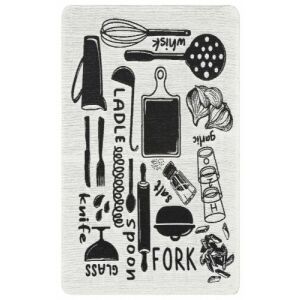 Bakero Kelim Arya Neo konyhai szőnyeg, fehér és fekete, konyhai eszközök mintával - Bakero