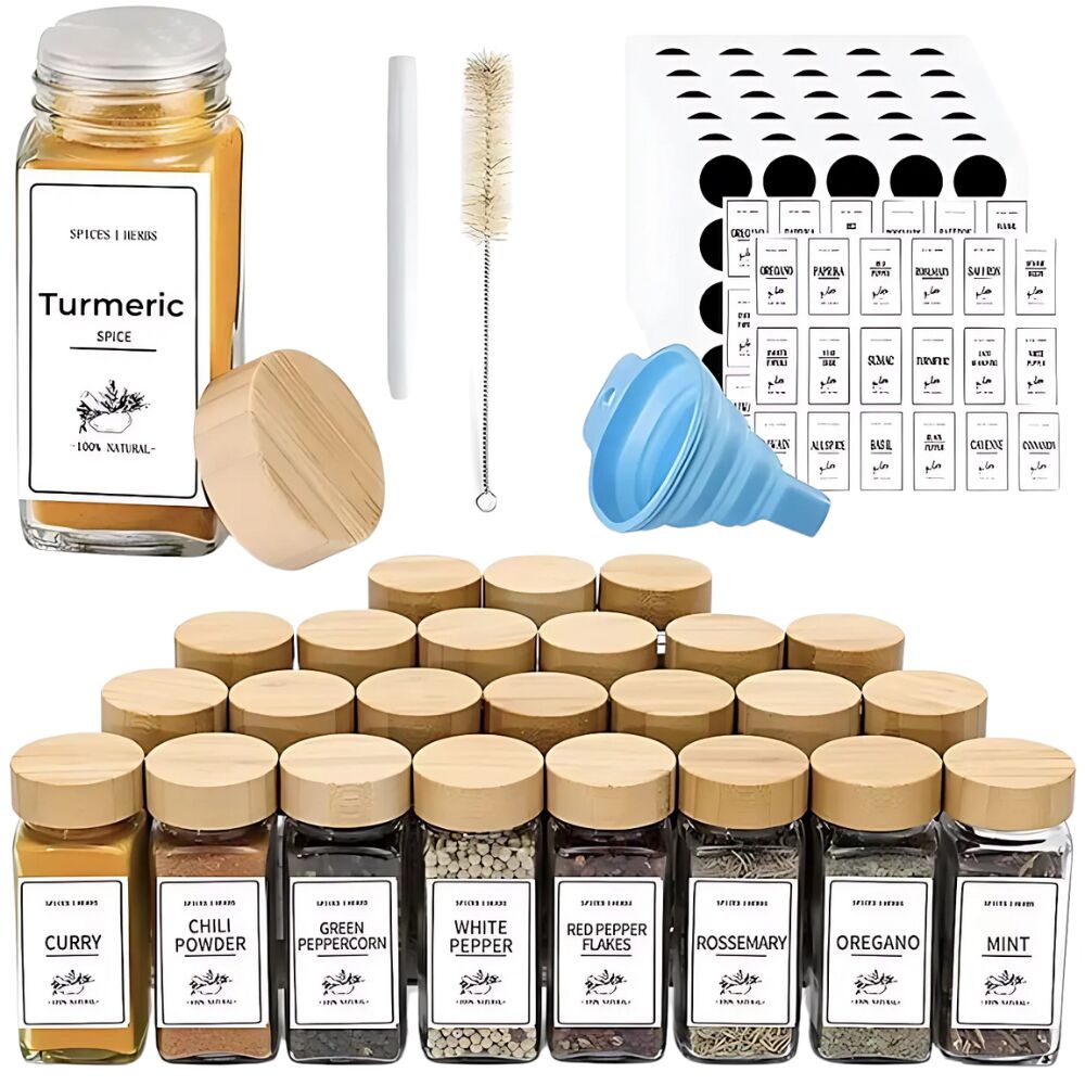 Prémium készlet 24 Promerco® fűszertartályból, űrtartalom 120 ml, tégelyek bambusz fedővel, 120 címke, kosár, tisztítókefe, tölcsér és adagolókupak