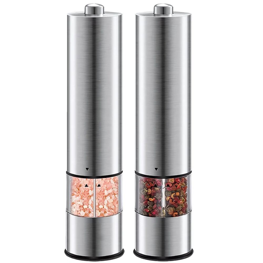 2 db Promerco® rozsdamentes acél elektromos köszörűs készlet, állítható csiszoló, 120 ml-es űrtartalom, elemes, ezüst, korrózióálló, könnyen tisztítható