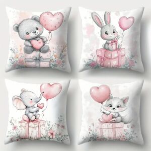 4 darabos díszpárnahuzat készlet gyerekeknek, maci, nyuszi, elefánt és róka szív alakú lufival - Díszpárna