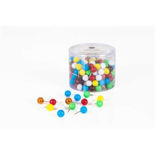 Push-Pin map pins, 200 pack, assorted colors, round head, in a clear plastic container