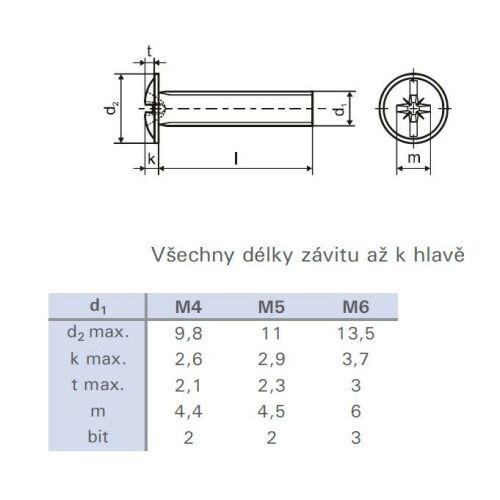 DIN 967 csavar műszaki rajza, M6 méret, cink fehér felülettel - Építőanyag