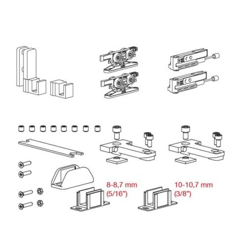 TERNO Vetro 40 Drag tolóajtó vasalat szett az első üvegajtóhoz, 80kg, lengéscsillapítóval, tartalmaz görgőket, tartókat, csavarokat és egyéb alkatrészeket