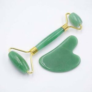 Jade-Gesichtsmassage-Set mit 2 Köpfen – Roller und Gua Sha Platte, grüne Farbe, manuelle Aufladung, ideal zur Entspannung und Verbesserung der Blutzirkulation