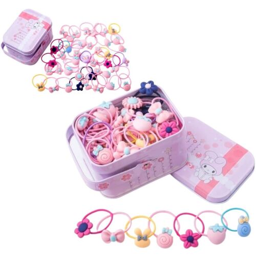 40 db-os lány hajgumi készlet, vegyes színben, 6 cm - 1 cm méret, fém tokban