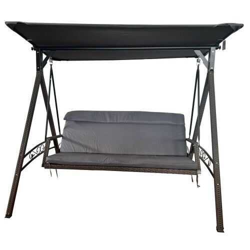 Rojaplast Rattan barna fém kerti hintaágy szürke párnákkal és tetővel