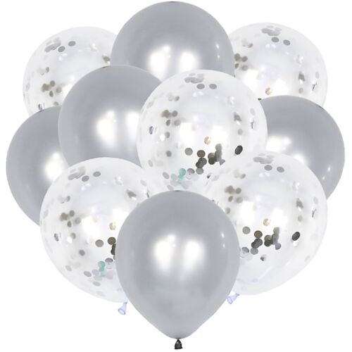 S DEPOT® 10 db-os ezüst latex lufi konfettivel, parti díszítés