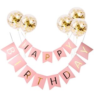 5 db arany konfettis lufi készlet, S DEPOT®, rózsaszín Happy Birthday bannerrel