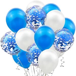 15 db S DEPOT latex léggömb szett bulikra, rendezvényekre, születésnapokra, 3 színben, kék, fehér, átlátszó- konfettivel