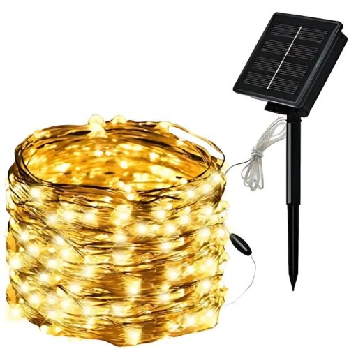 S DEPOT® 100 LED-es napelemes rézhuzal fényfüzér, meleg fehér, 10 méter