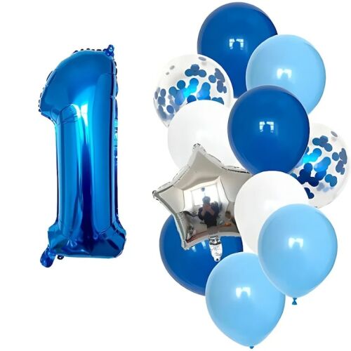 Kék és fehér lufi készlet, 1-es számú lufi, csillag lufi, konfetti lufik, S DEPOT® márka