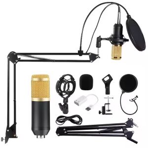 Professionelles Kondensatormikrofon mit Gelenkarm, Popfilter und Stoßdämpfer-Halterung – Ideal für Gaming, Podcasts, Streaming und Karaoke – Schwarz/Gold, USB-Anschluss