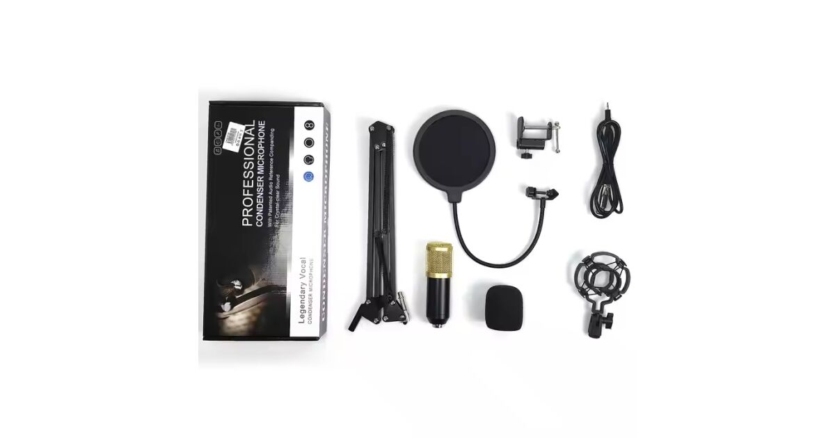 Professzionális Kondenzátor Mikrofon Állítható Karral, Popfilterrel és Rázkódáscsökkentő Tartóval – Ideális Gaminghez, Podcastokhoz, Streameléshez és Karaokehoz – Fekete/Arany Színben, USB Csatlakozással 118172429