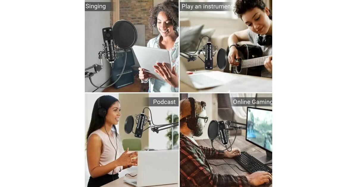 Professzionális Kondenzátor Mikrofon Állítható Karral, Popfilterrel és Rázkódáscsökkentő Tartóval – Ideális Gaminghez, Podcastokhoz, Streameléshez és Karaokehoz – Fekete/Arany Színben, USB Csatlakozással 118172429