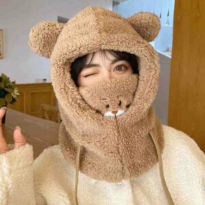 Női meleg sapka kapucnival és 2 az 1-ben füles mackóval