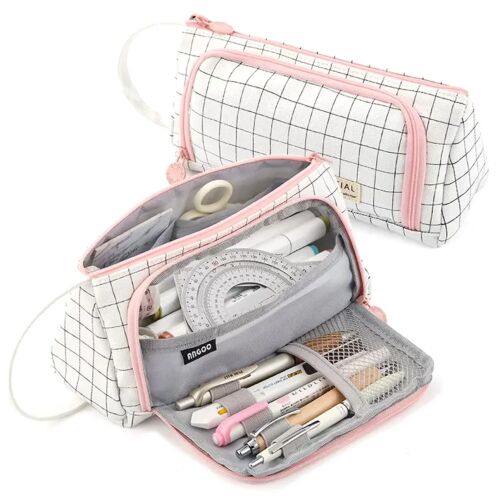 Többfunkciós összecsukható tolltartó kockás mintával, fehér, poliészter, 20,5x9x10 cm