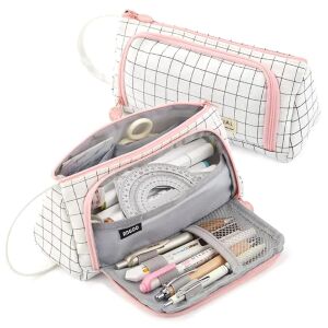 Többfunkciós összecsukható tolltartó kockás mintával, fehér, poliészter, 20,5x9x10 cm