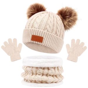 Meleg gyerek készlet - Beanie pólóval, sapkával és kesztyűvel, bézs, 100% akrilszál