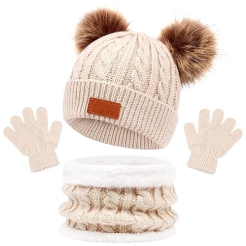 Meleg gyerek készlet - Beanie pólóval, sapkával és kesztyűvel, bézs, 100% akrilszál