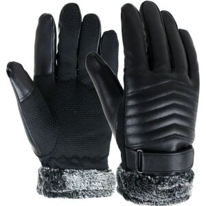 Férfi téli kesztyű mackóval, fekete, poliuretán és műszőrme, 25x12 cm