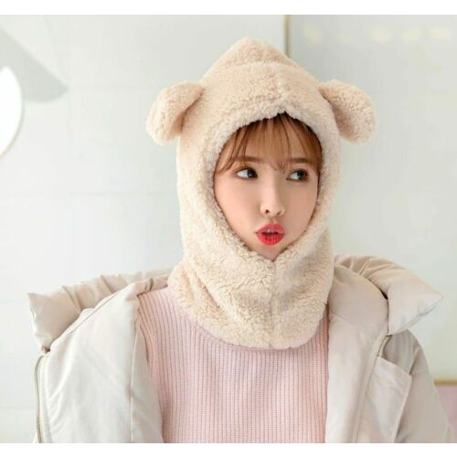 Női téli sapka 2 az 1-ben kapucnival és fülekkel, bézs, univerzális méretű, anyaga poliészter