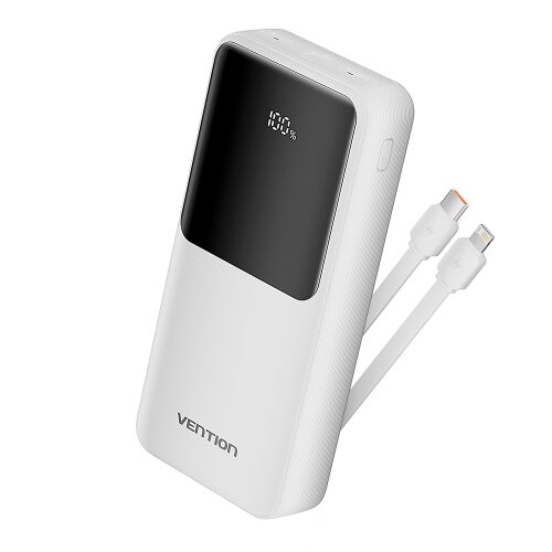 Szögletes nézet a fehér Vention 20000mAh Power Bankról beépített kábelekkel - Mobiltelefon kiegészítő