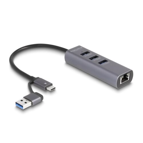 Delock 3 portos USB 5 Gbps Hub + Gigabit LAN USB Type-C csatlakozóval vagy A-típusú USB csatlakozóval fém vázban (64282) (64282)
