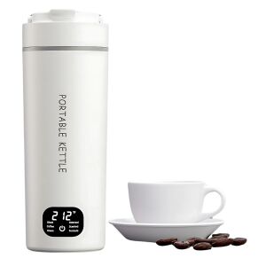 Hordozható vízforraló, BLEKSY®, Elektromos termosz, rozsdamentes acél, 450 ml, LCD kijelző, előre beállított hőmérséklet, tápkábel 220V, Fehér