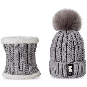 Női téli szett – szigetelt kémény és kockás pom pom sapka, szürke, 100% akrilszál