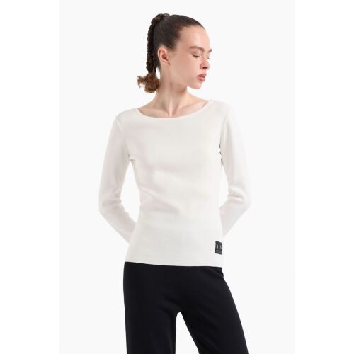 Pulover alb Armani Exchange pentru femei, cu mâneci lungi și decolteu rotund